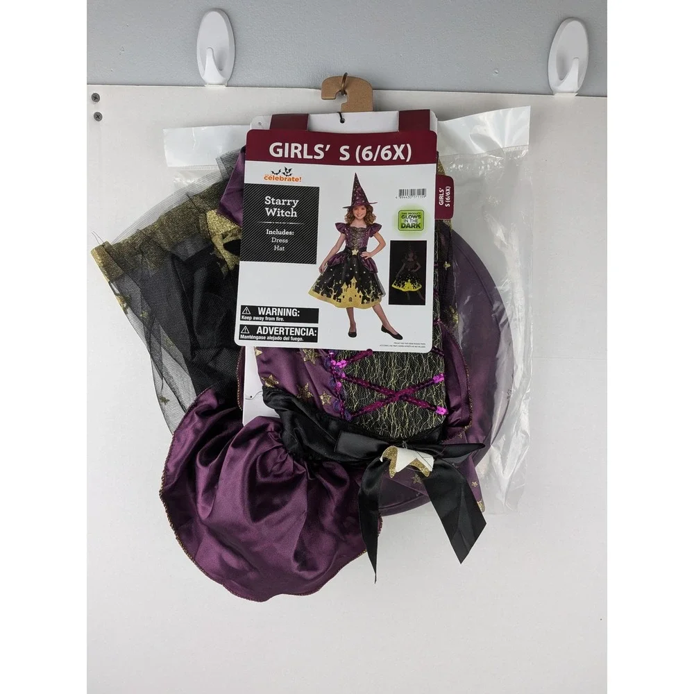 Celebrate Girls Starry Witch Halloween Costume Dress Hat Size S 6 6X‎ Glow Dark